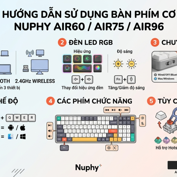 Hướng dẫn sử dụng bàn phím cơ Nuphy Air60/Air75/Air96
